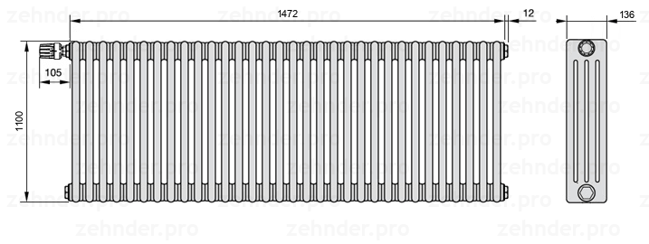 Схема (чертеж) Радиатор Zehnder Charleston 4110/32 №V012 Белый глянцевый RAL 9016